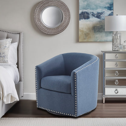 Tyler Upholstered Swivel Barrel Chair with Nailheads - Blue