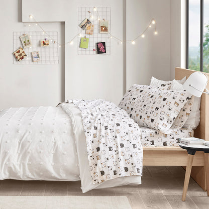 Cozy Soft Cotton Flannel Printed Sheet Set - Grey/Pink Cats