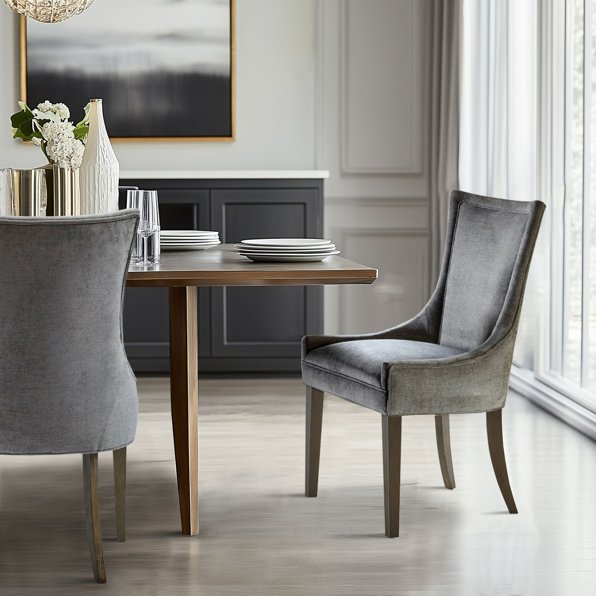 Ultra Upholstered Dining Side Chairs with wood legs (Set of 2) - Dark Gray