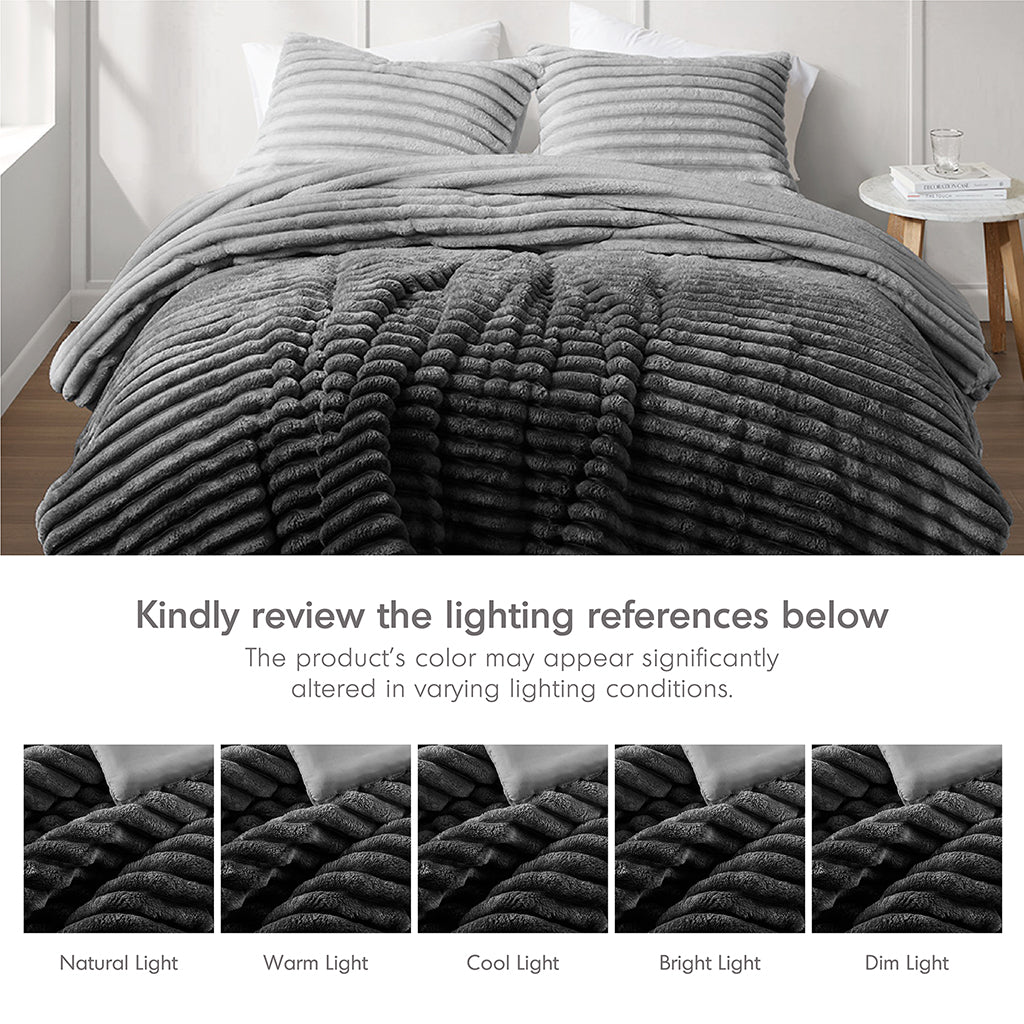 Avril Fluffy Ribbed Plush Comforter Set - Grey Ombre