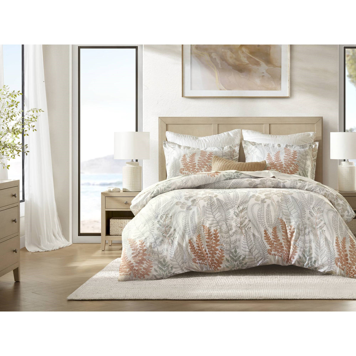 Botanical 100% Cotton Sateen Duvet Cover Set - Terracotta/Linen