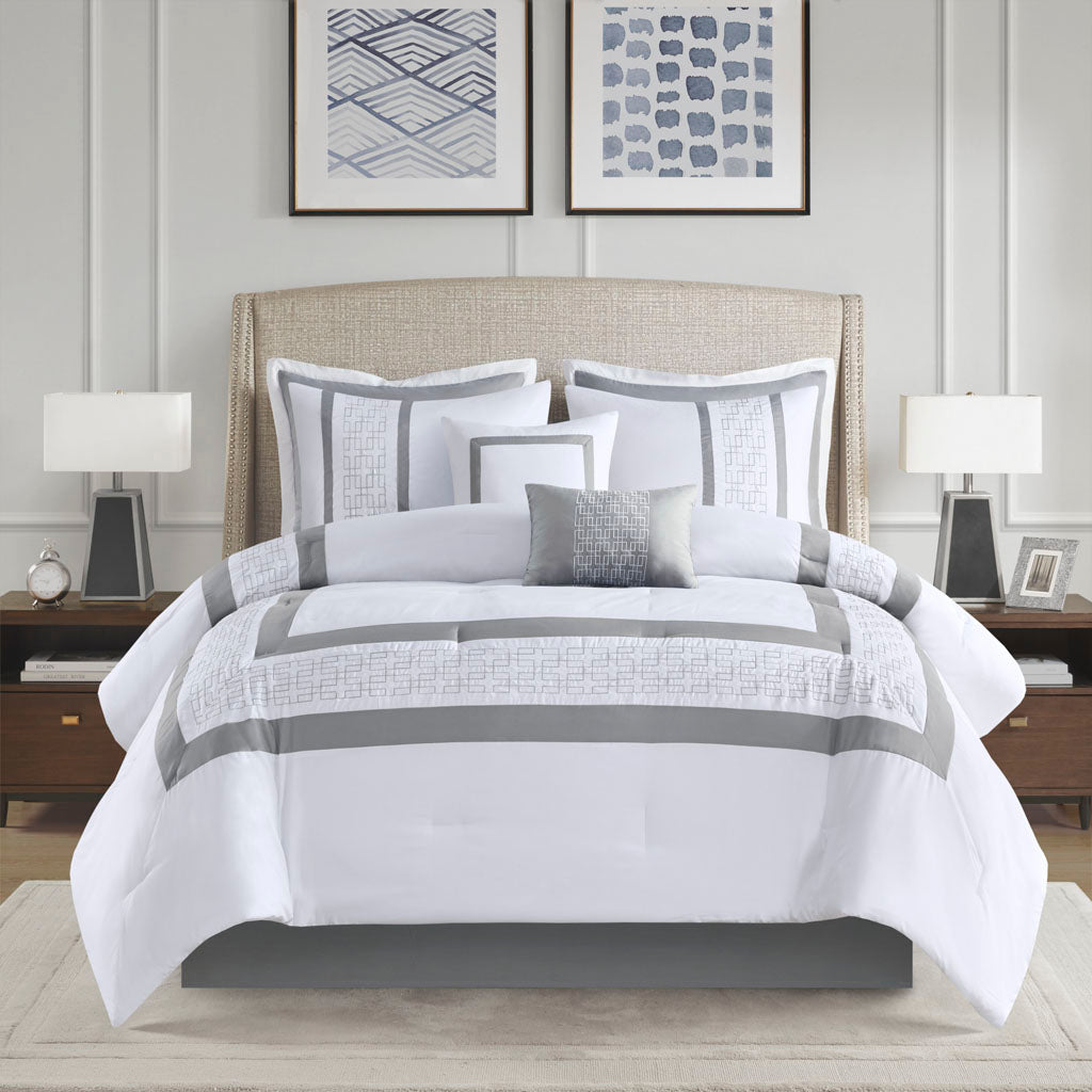 Powell 8 Piece Embroidered Comforter Set - White