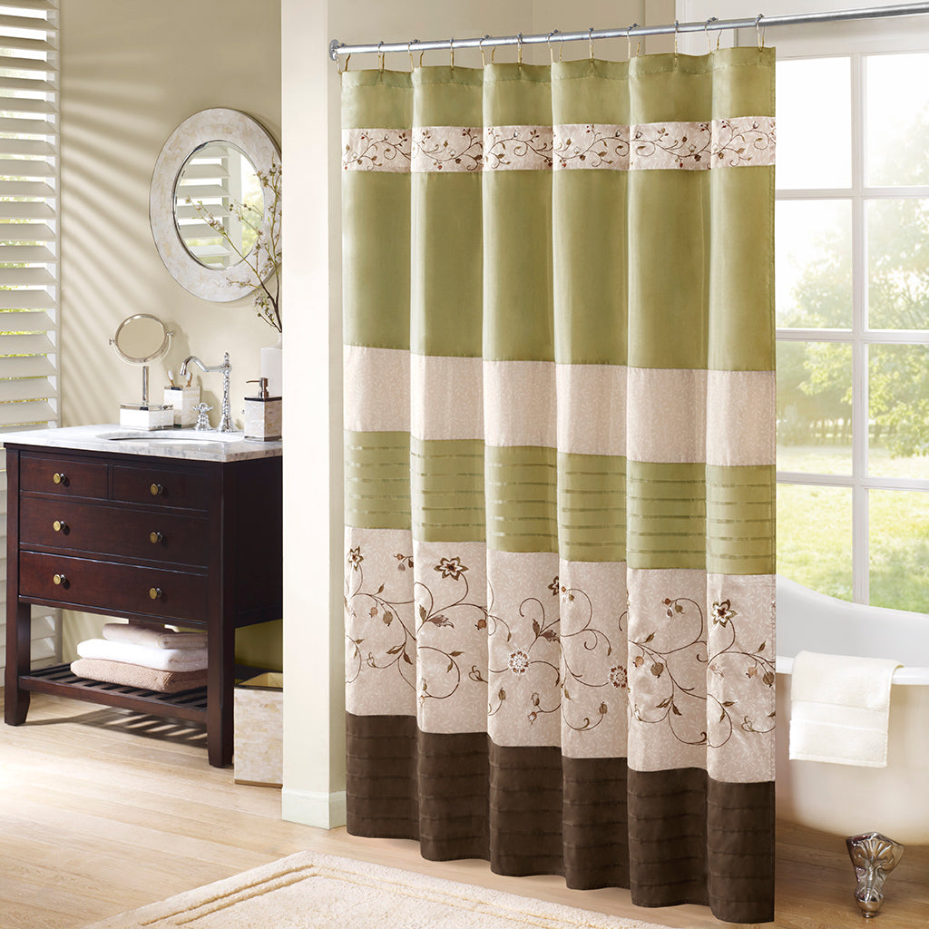Serene Faux Silk Embroidered Floral Shower Curtain - Green