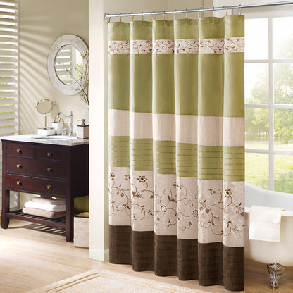 Serene Faux Silk Embroidered Floral Shower Curtain - Green