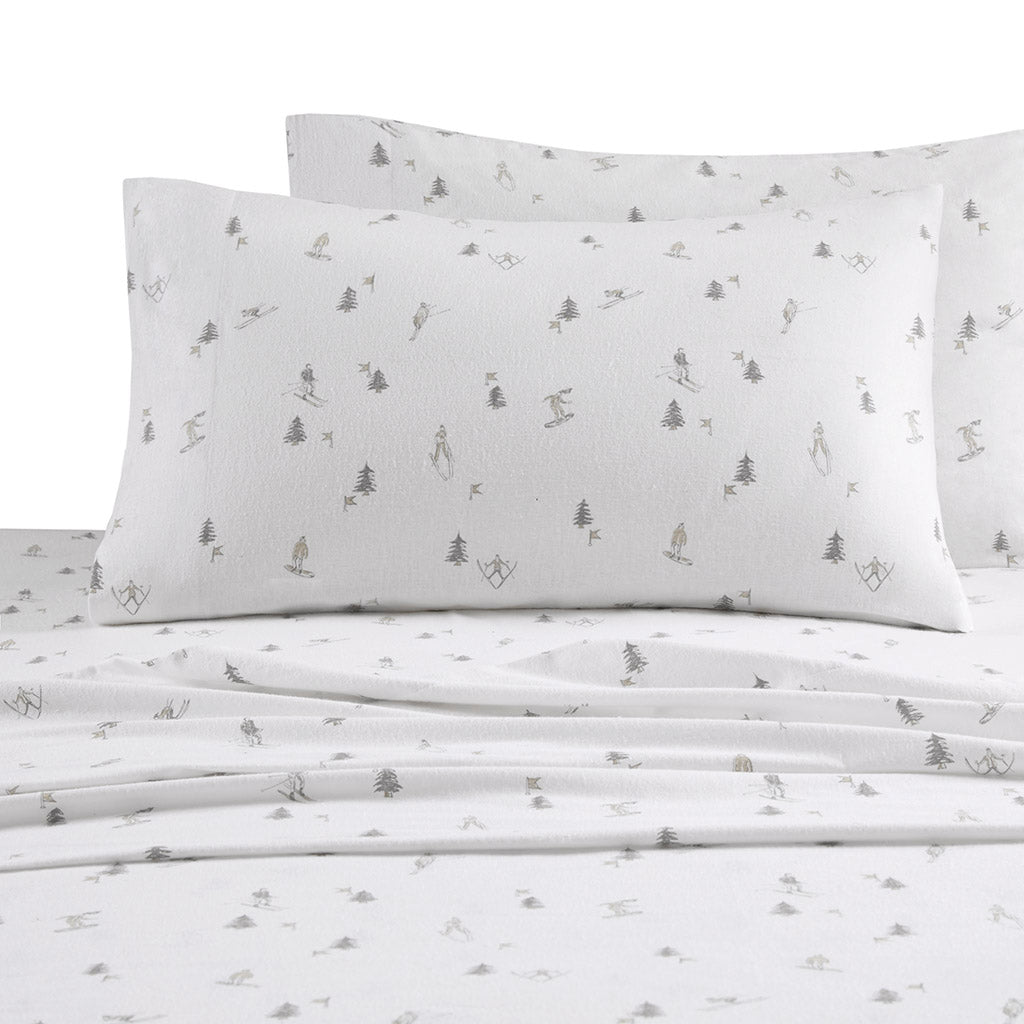 Cozy Cotton Flannel Printed Sheet Set - Gray Skiers