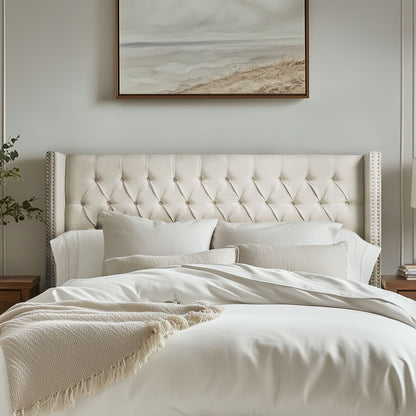 Amelia Upholstered Wingback Headboard with Button Tufting & Nailhead Trim - Cream