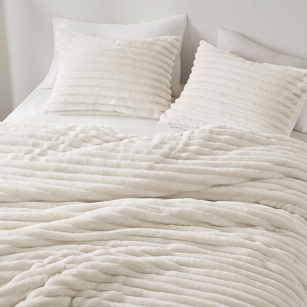 Avril Fluffy Ribbed Plush Comforter Set - Ivory