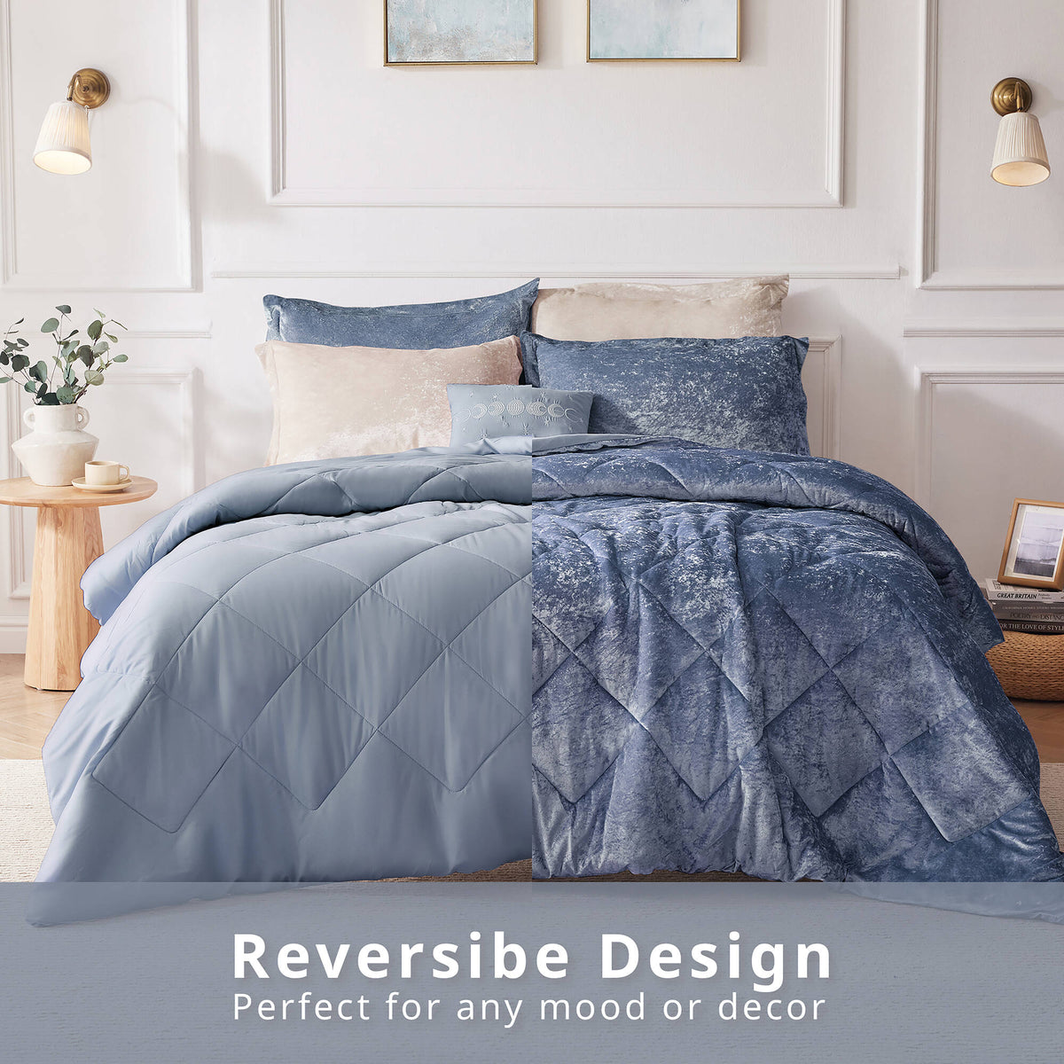 Felicia Velvet Comforter Set with Throw Pillow - Blue