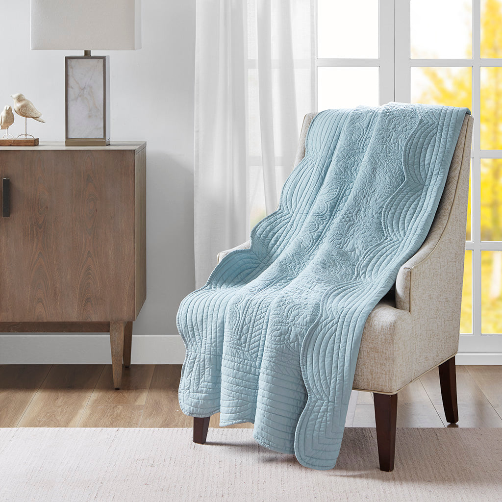 Tuscany Oversized Quilted Throw with Scalloped Edges - Blue