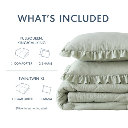 Hannah Diamond Quilted Ruffle Edge Comforter Set - Sage