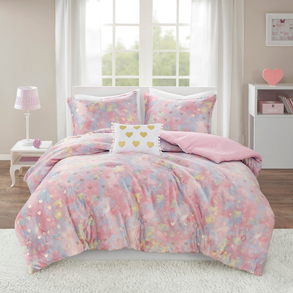 Rosalie Metallic Printed Plush Comforter Set with Throw Pillow - Pink Multi/Gold