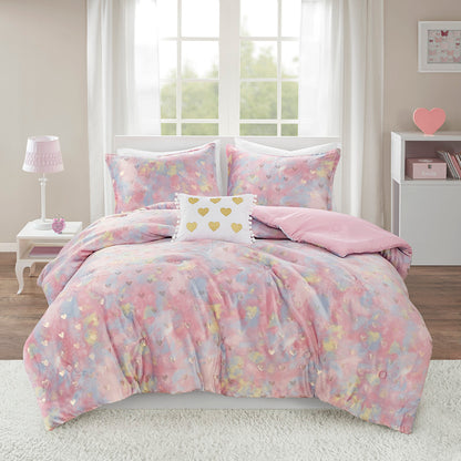 Rosalie Metallic Printed Plush Comforter Set with Throw Pillow - Pink Multi/Gold