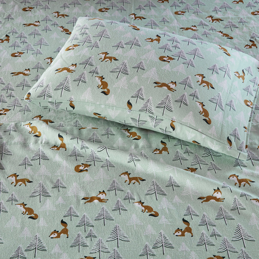 Cozy Soft Cotton Flannel Printed Sheet Set - Seafoam Foxes