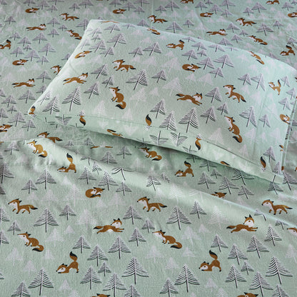 Cozy Soft Cotton Flannel Printed Sheet Set - Seafoam Foxes