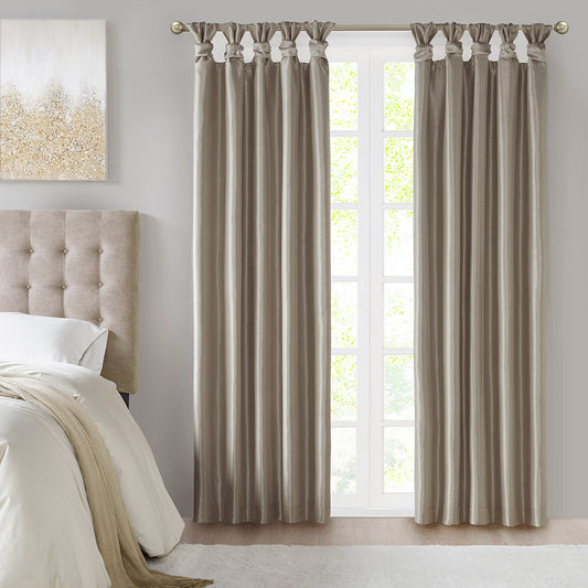 Emilia 100% Polyester Solid Faux Silk Lined Twist Tab Total Blackout Window Curtain - Pewter