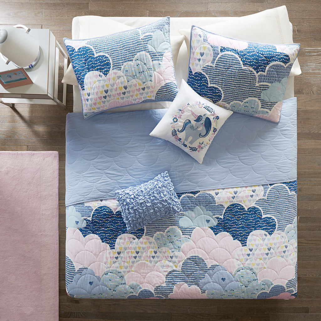 Cloud  Reversible Cotton Quilt Set with Throw Pillows - Blue