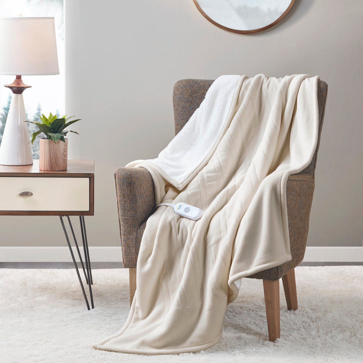 Fleece to Sherpa Heated Throw - Tan