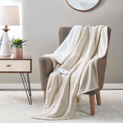 Fleece to Sherpa Heated Throw - Tan
