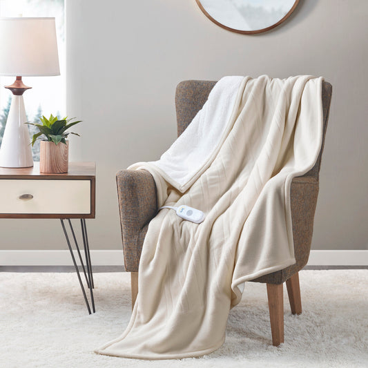 Fleece to Sherpa Heated Throw - Tan