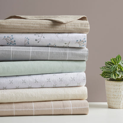 Cozy Cotton Flannel Printed Sheet Set - Beige/White Stripes