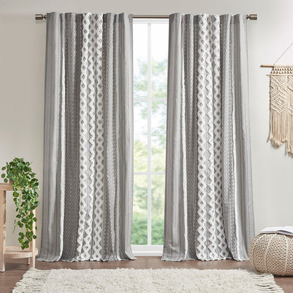 Imani Cotton Printed Curtain Panel with Chenille Stripe and Lining - Gray
