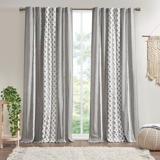 Imani Cotton Printed Curtain Panel with Chenille Stripe and Lining - Gray