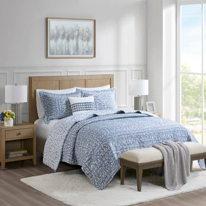 Harmony 4 Piece Oversized Reversible Matelasse Quilt Set with Throw Pillow - Blue