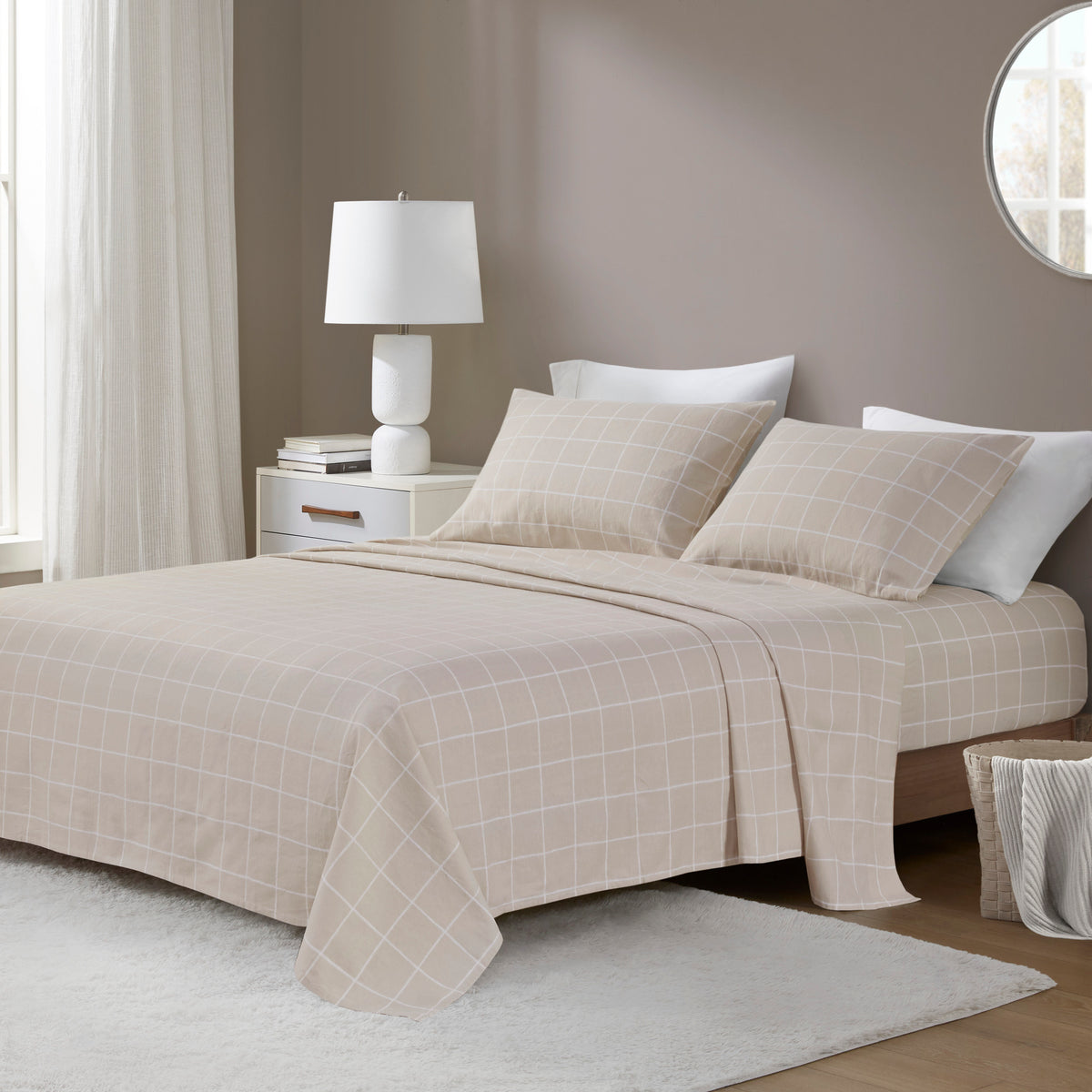 Cozy Cotton Flannel Printed Sheet Set - Beige Windowpane