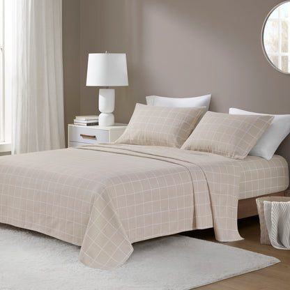 Cozy Cotton Flannel Printed Sheet Set - Beige Windowpane