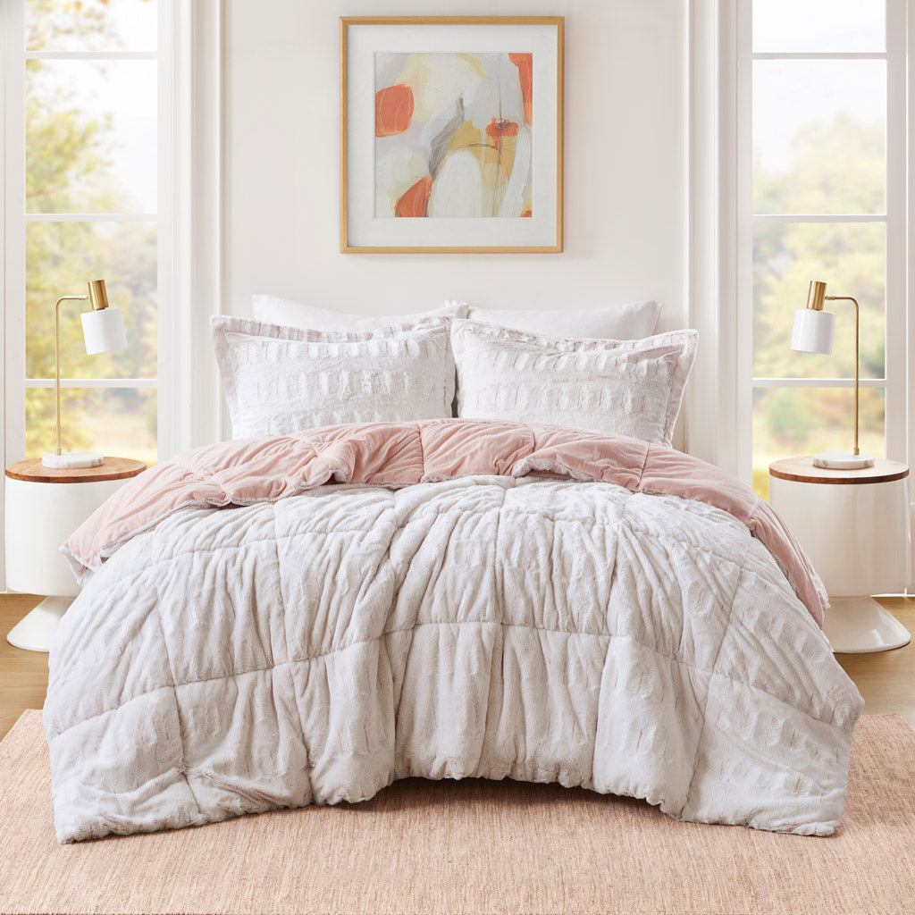 Gia Faux Fur Comforter Mini Set - Blush/White