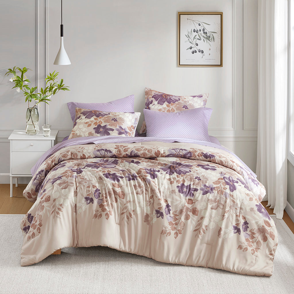 Luna Floral Comforter Set with Bed Sheets - Taupe