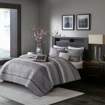 Rhapsody 6 Piece Reversible Jacquard Quilt Set with Throw Pillows - Grey/Taupe