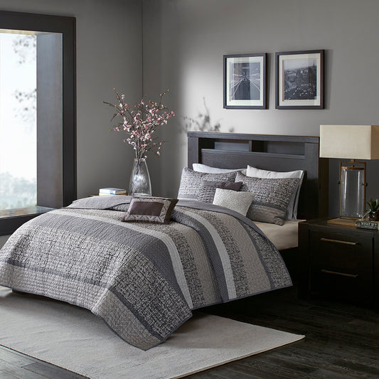 Rhapsody 6 Piece Reversible Jacquard Quilt Set with Throw Pillows - Grey/Taupe