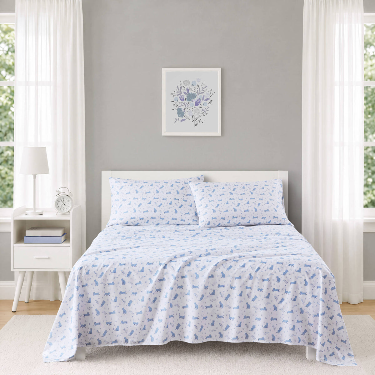 Printed Microfiber Sheet Set - Blue Cat
