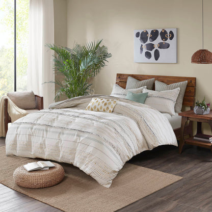 Nea Cotton Printed Duvet Cover Set with Trims - Off White/Gray