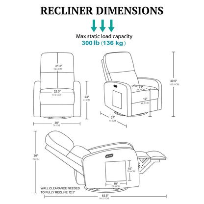 Dakota Power Recliner 3-in-1 with Swivel, Glider, Charging Station - Grey