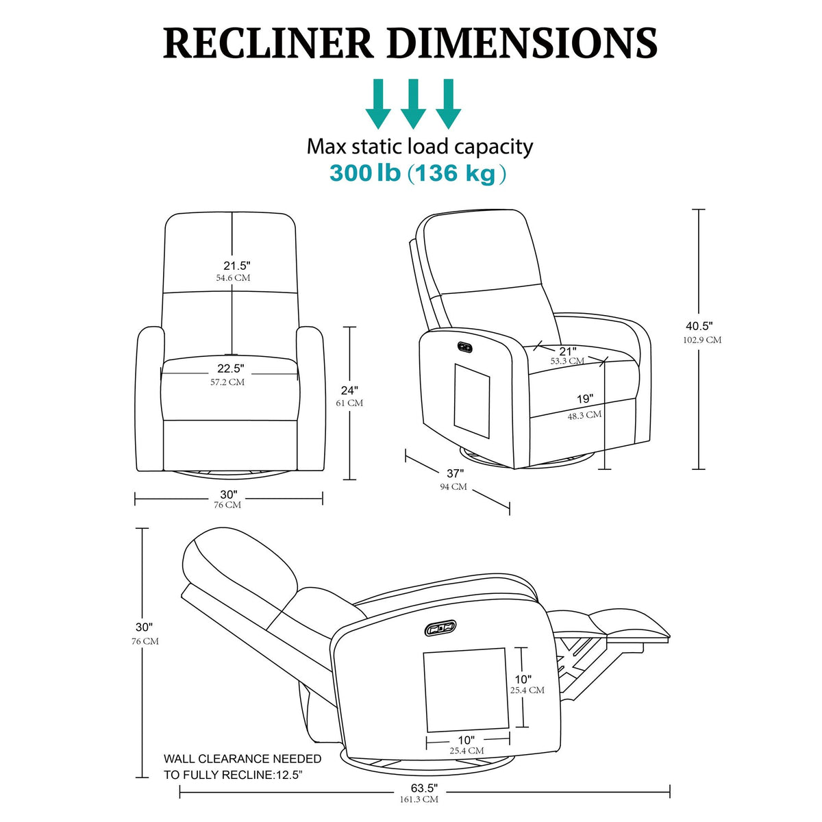 Dakota Power Recliner 3-in-1 with Swivel, Glider, Charging Station - Beige