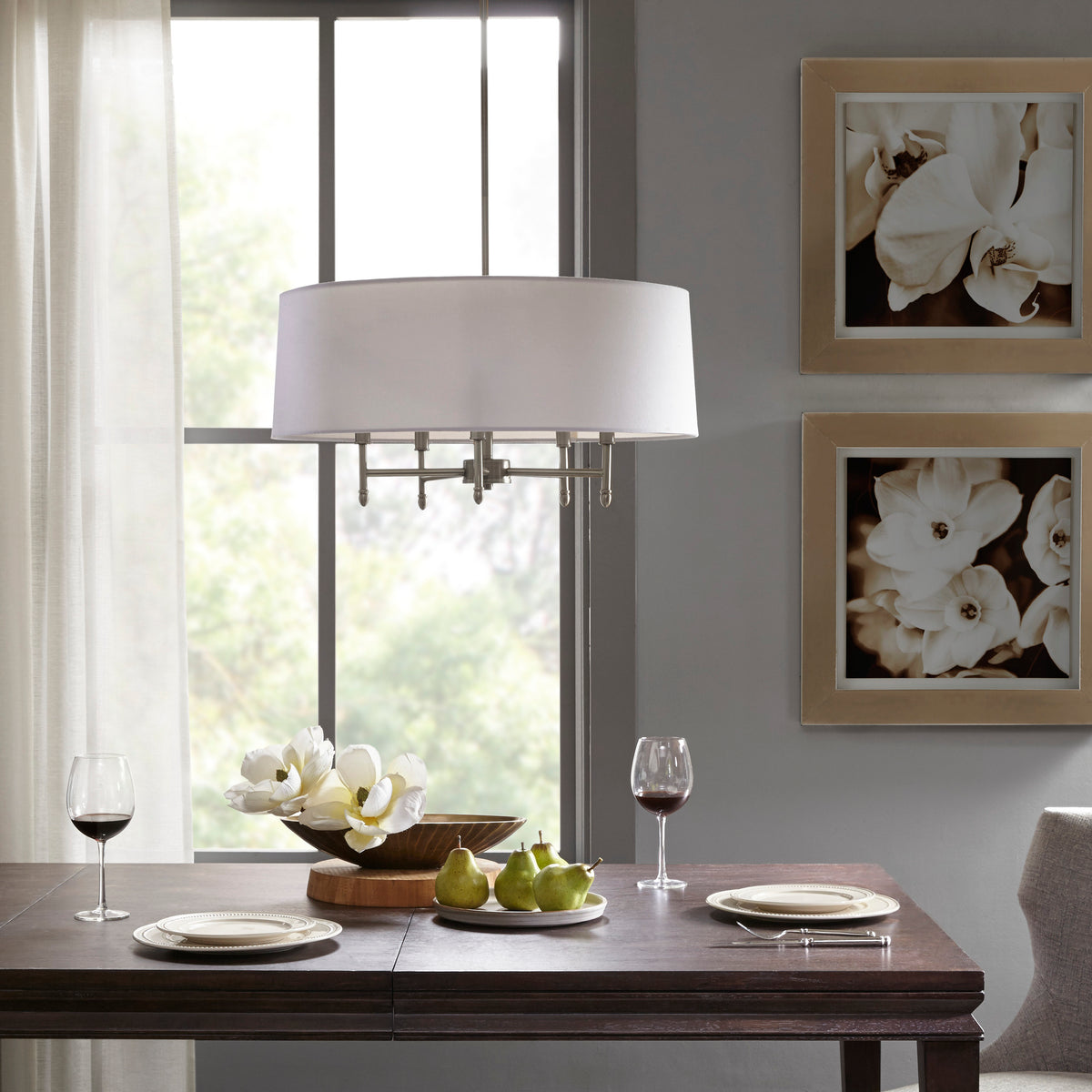 Presidio 5-Light Dimmable Chandelier with Drum-shaped Fabric Shade & Adjustable Height - Silver/White