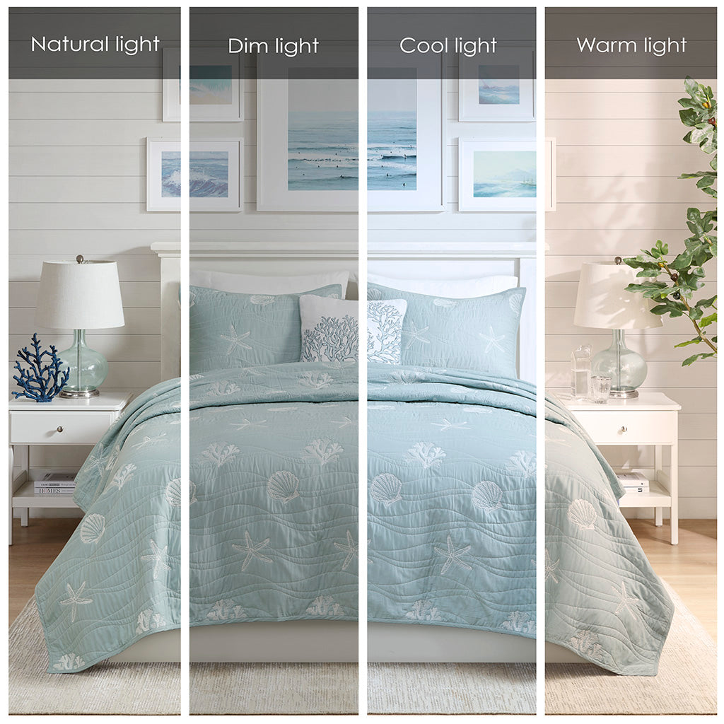 Seaside 4 Piece Cotton Reversible Embroidered Quilt Set with Throw Pillow - Aqua