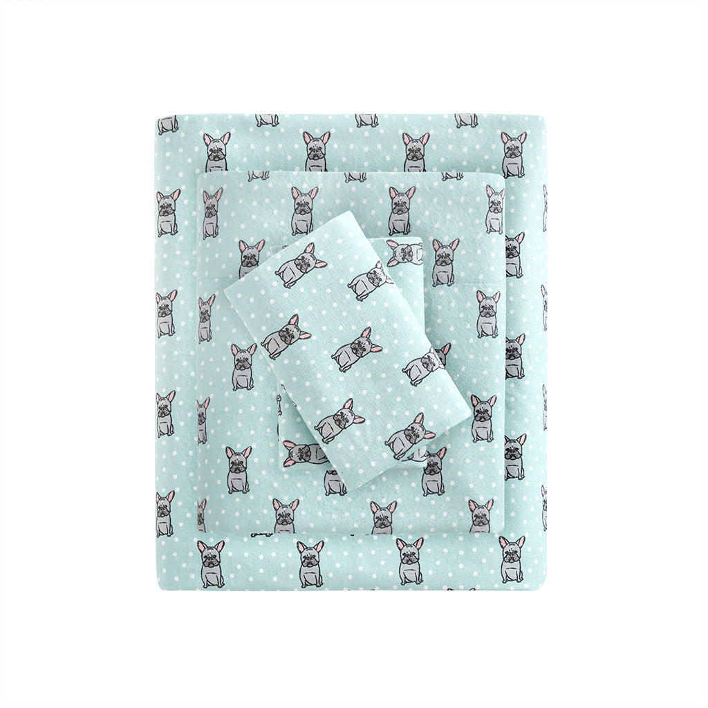 Cozy Cotton Flannel Printed Sheet Set - Aqua French Bulldog