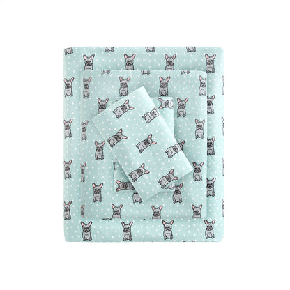Cozy Cotton Flannel Printed Sheet Set - Aqua French Bulldog