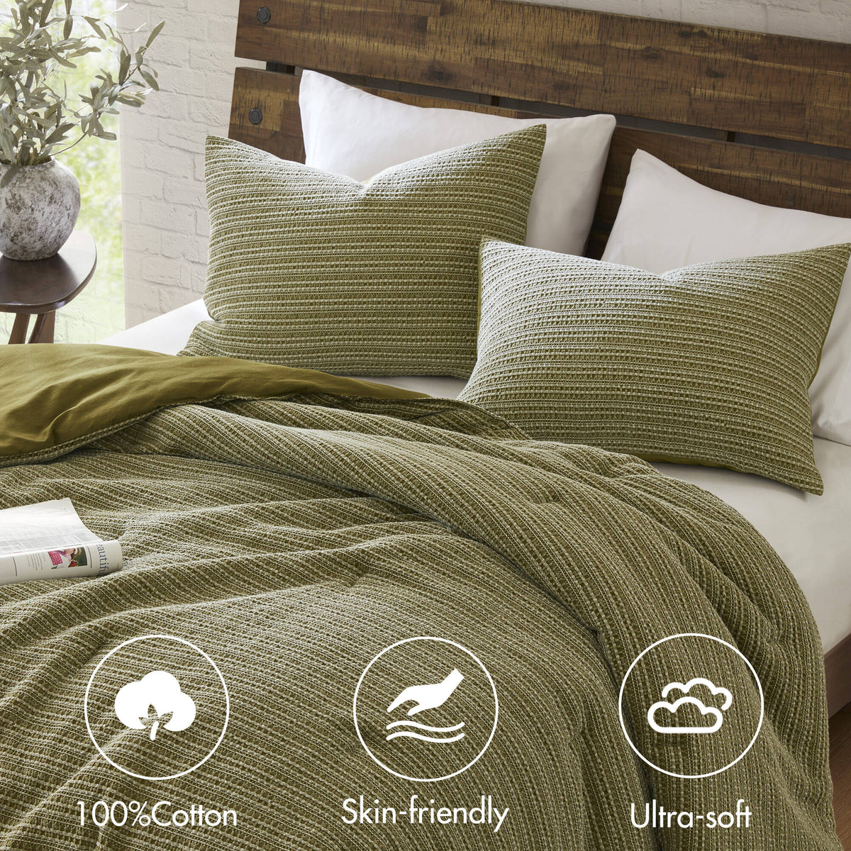 Lyon Waffle Washed Comforter Set - Green