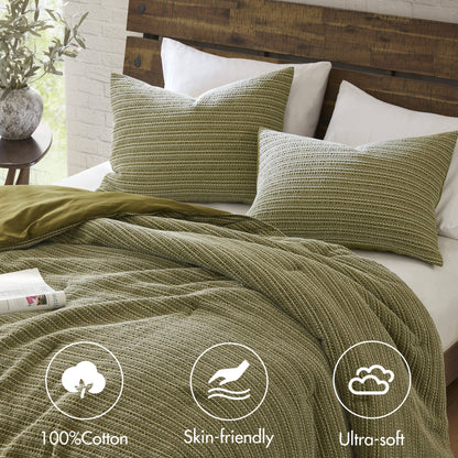 Lyon Waffle Washed Comforter Set - Green
