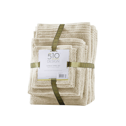 Big Bundle 100% Cotton Quick Dry 12 Piece Bath Towel Set - Beige