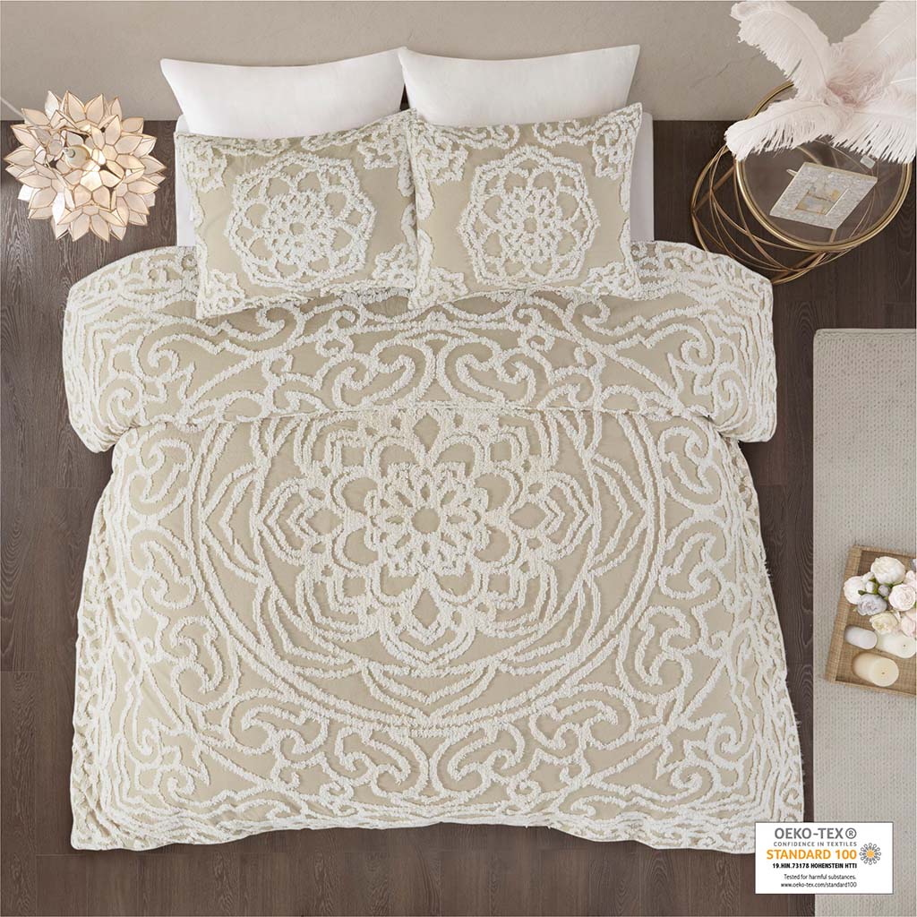 Laetitia Tufted Cotton Chenille Medallion Duvet Cover Set - Taupe