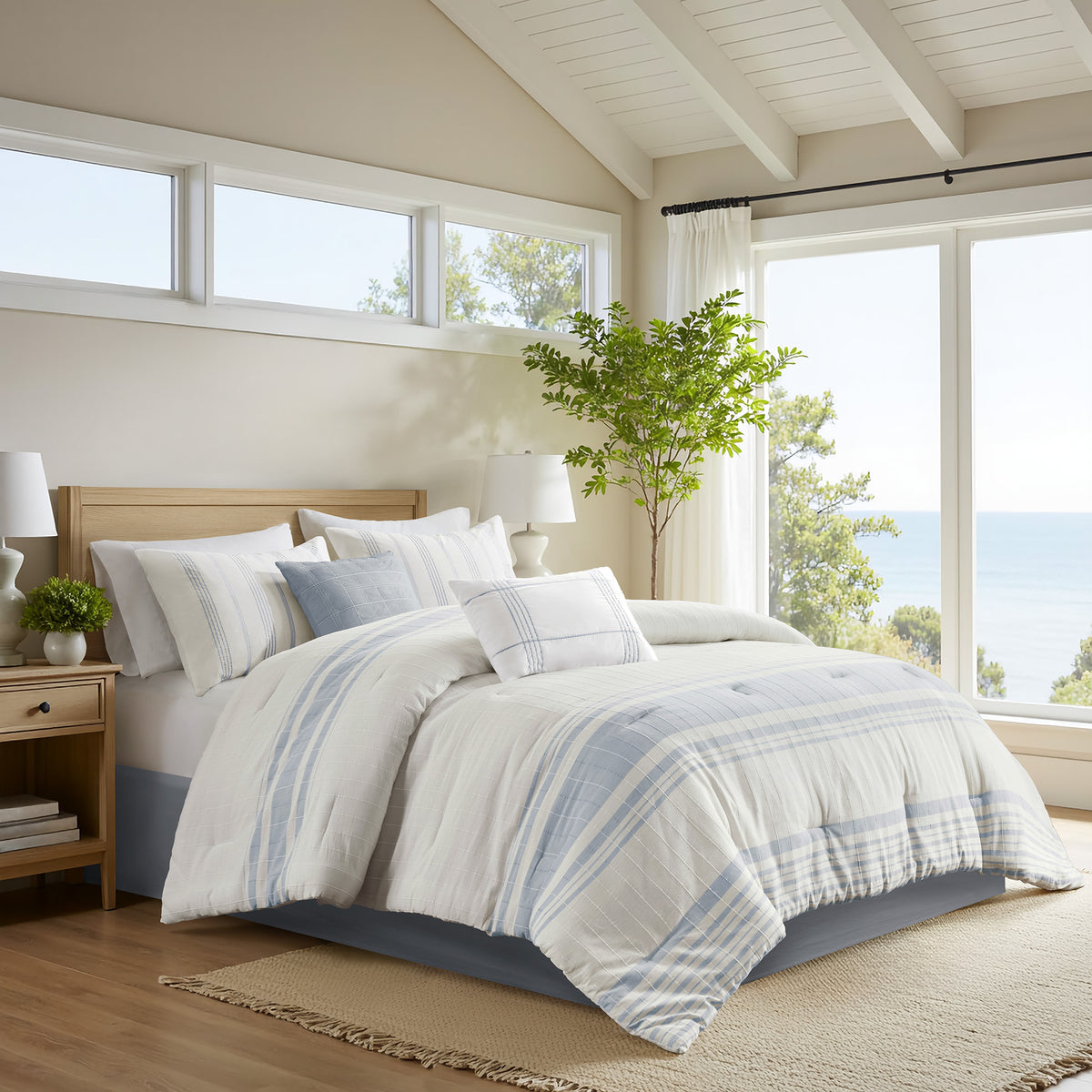Morgan 6 Piece Cotton Jacquard Oversized Comforter Set - White/Blue