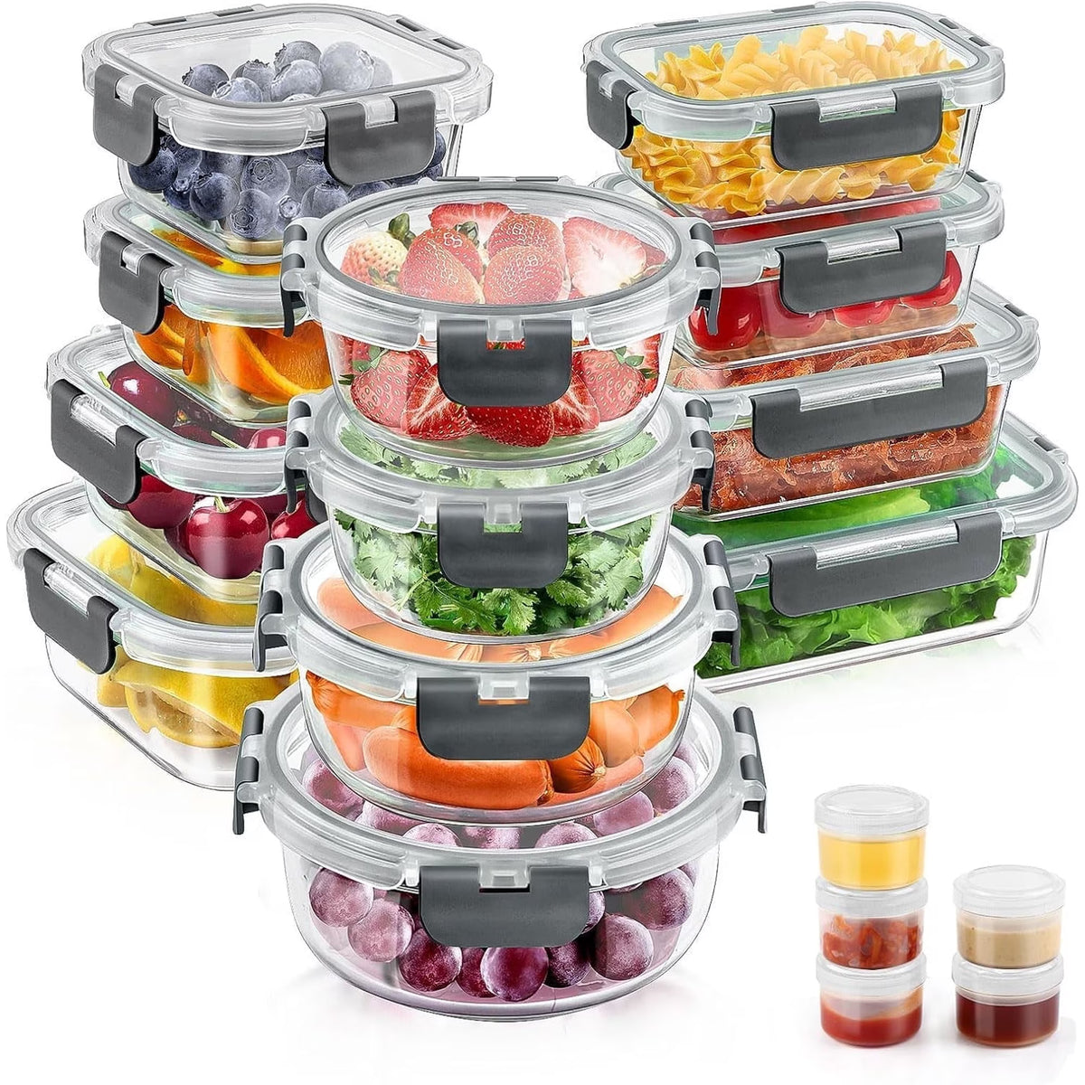 34-Piece Glass Food Storage Containers with Airtight Lids Set (Grey)