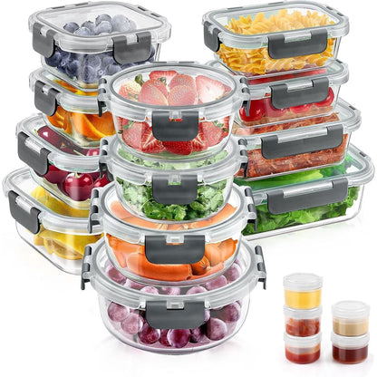 34-Piece Glass Food Storage Containers with Airtight Lids Set (Grey)