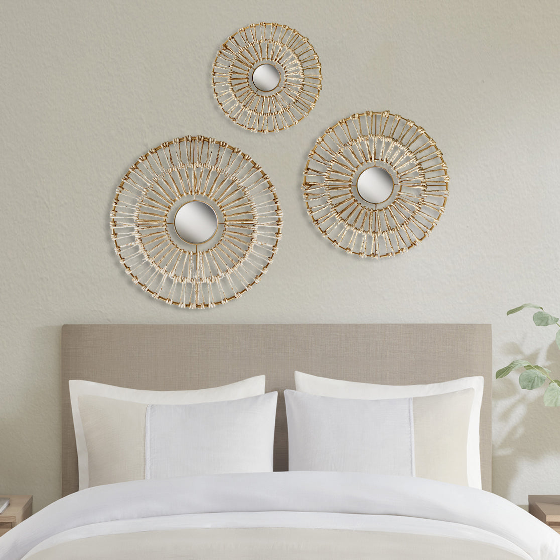 Ella Round Natural Fiber and Mirror 3-piece Wall Decor Set - Neutral