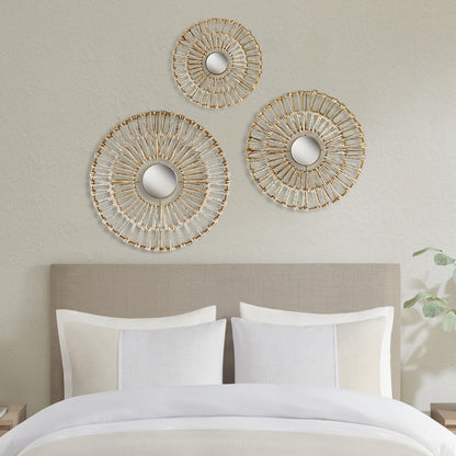 Ella Round Natural Fiber and Mirror 3-piece Wall Decor Set - Neutral